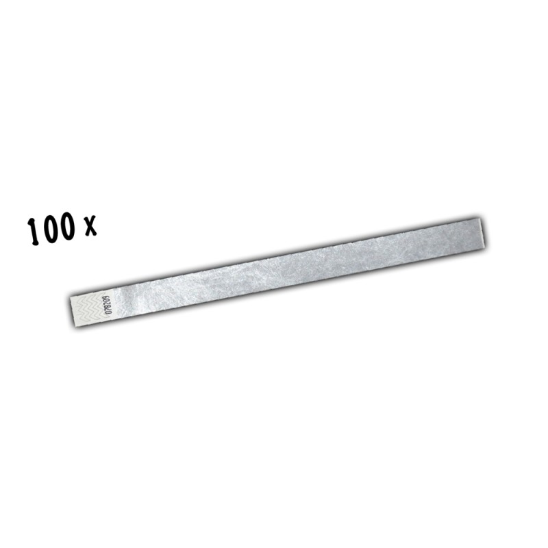 100 BRACCIALETTI IDENTIFICATIVI TYVEK MONOUSO ARGENTO 1,9 cm